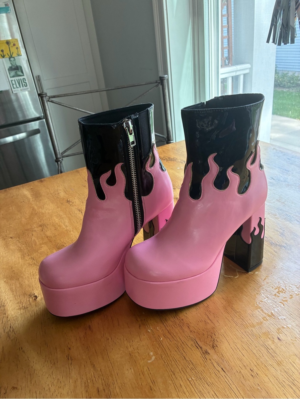 Sugar Thrillz Pink and Black Flame Platform Ankle Boots